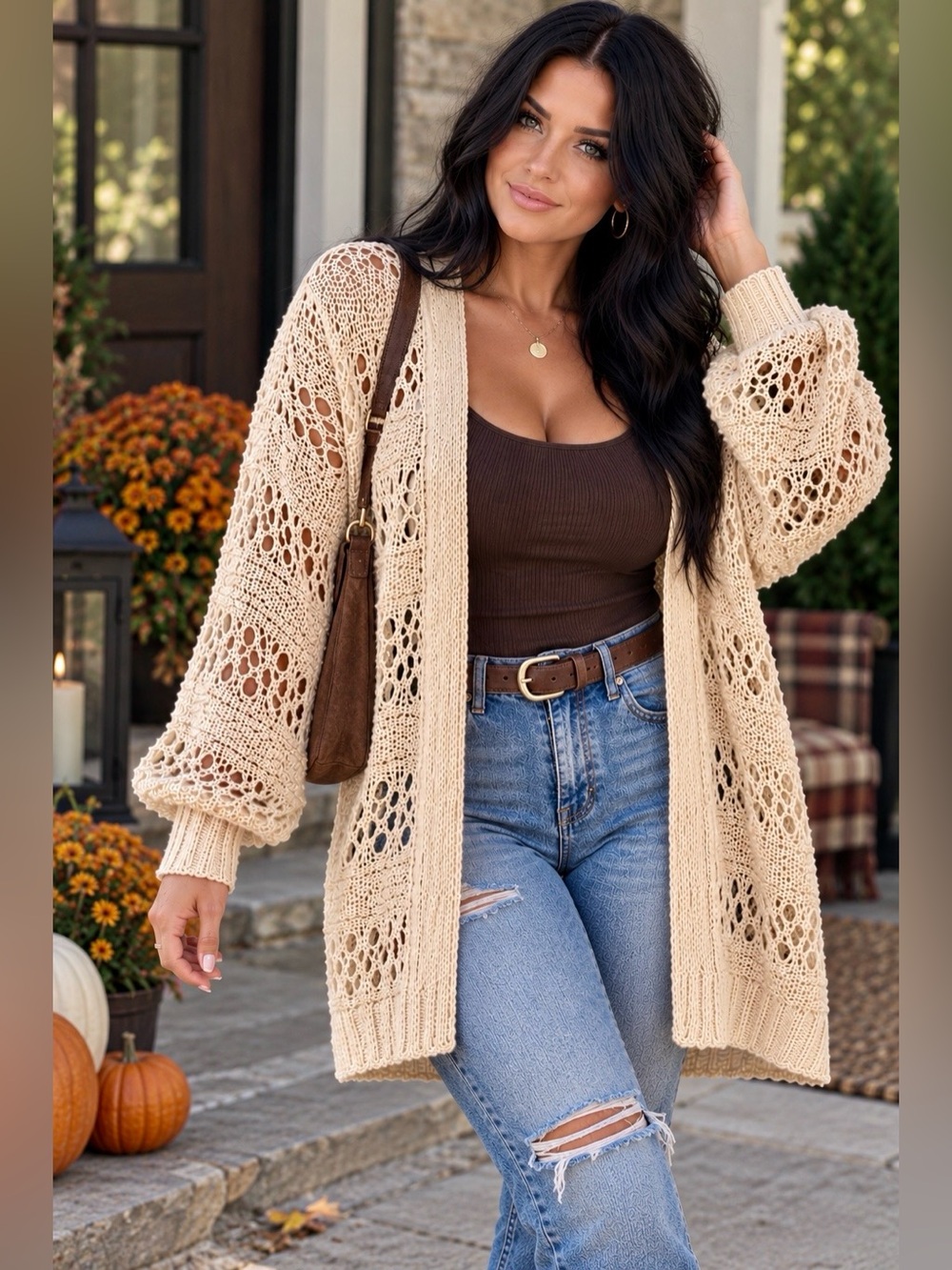 Makfulus Beige Crochet Open Knit Cardigan Lightweight Sweater